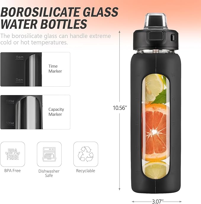 Kodrine Water Bottle With Straw and Carry Handle, Glass Water Bottle 24 oz Leak Proof Locking Lid with Soft Silicone Spout, Reusable Drinking Cups for Travel Sports with Time Marker,Black