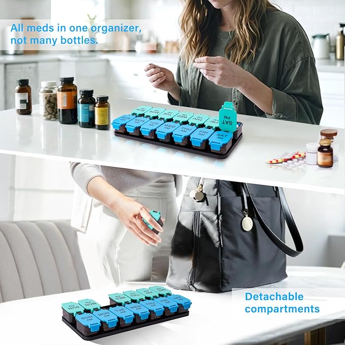 Large 7 Day Pill Organizer, XL AM PM Twice a Day Medicine Storage Box, Big 2 Week Pill Holder for Pills, Vitamins & Supplements, Travel Pill Case for Medication（Blue+Cyan）