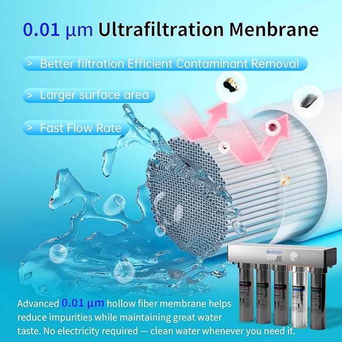 Ontulor S2OP-U1 Ultra Filtration Under Sink Water Filter System - 0.01 Micron Stainless Steel Tankless Filtration System w/Pressure Gauge & Filter Life Indicator, Reduces Chlorine, Taste and Odor