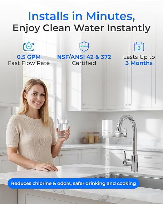 Waterdrop Water Filter for Sink Faucet, NSF Certified Water Purifier, 320 Gallon Tap Water Filter for Kitchen Sink, Reduces Chlorine, Lead-Free Material, Faucet Mount Water Filtration System, 1 Filter
