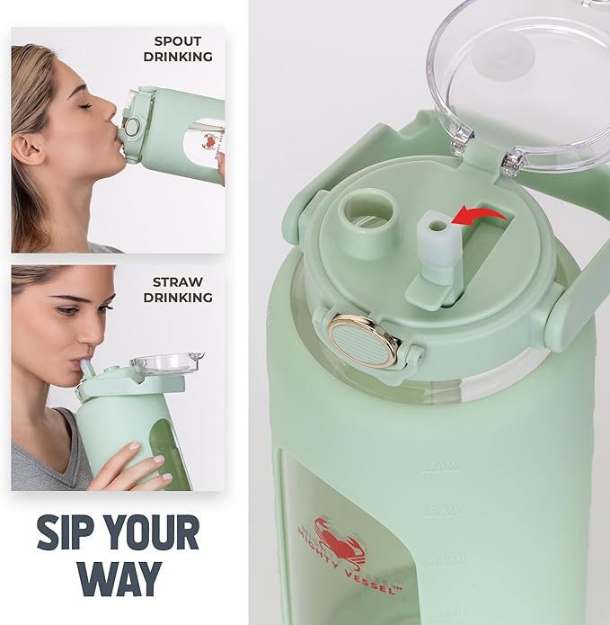 64 Oz Water Bottle with Time Marker & Straw - Light green Pregnancy 2 Liter Glass Water Bottles with Measurements - Daily intake bottle - Leakproof Borosilicate jug