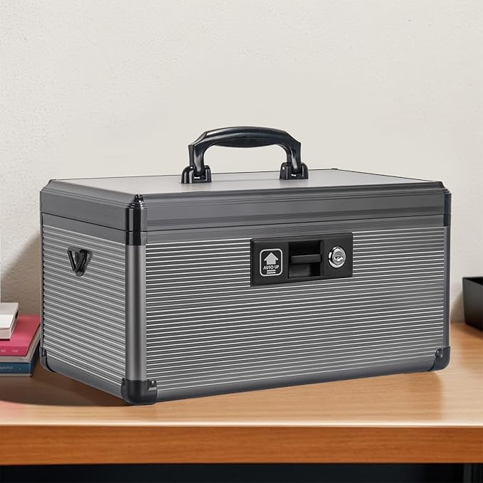 Medicine Lock Box with Key, Alluminum Alloy Box for Medication,First Aid Box with a Removeable Tray to Store Medicines & Pills for Home, Black,16 * 9.25 * 7.48 Inch