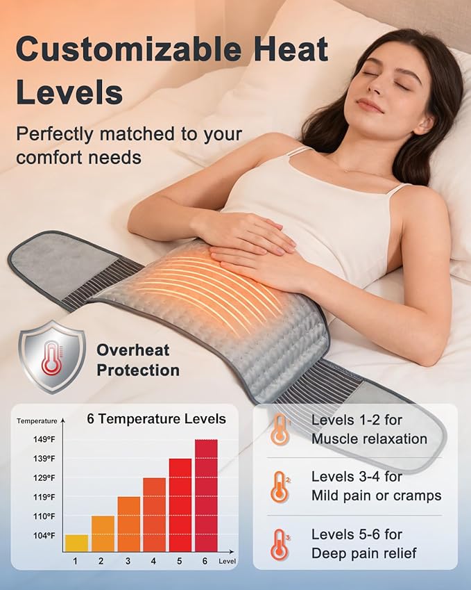 Heating Pad for Back Pain Relief, 12" x 24" + 26" XL Electric Heating Pad for Period Cramps with Loop Fastener for Hands-Free 360 Fit, 4 Timers & 6 Temperatures, Auto Shut-Off, Machine Washable