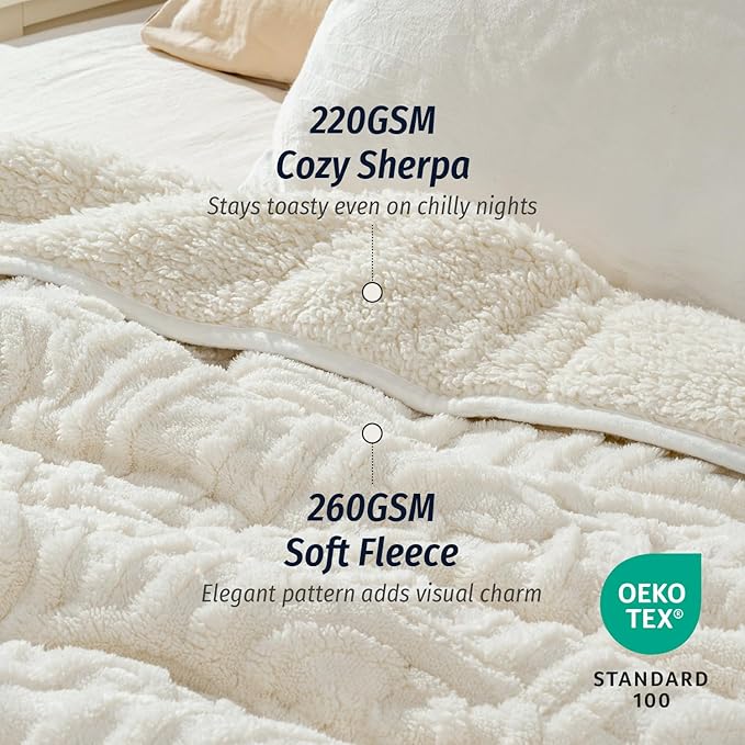 Wemore Jacquard Fleece Weighted Blanket King Size 80" x 87" 15lbs, Ultra Soft Cozy Sherpa Weighted Blankets for Adults, Ultra Fuzzy Heavy Blanket for Sleep, Fluffy Warm Throw for Bed, Cream White