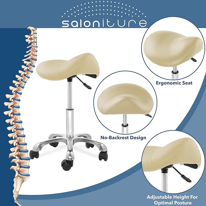 Saloniture Professional Ergonomic Saddle Stool, Cream - Adjustable Hydraulic Seat, Rolling Spa Salon, Massage, and Medical Office Chair with Swivel Wheels