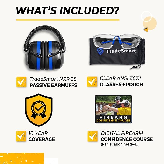 TradeSmart High-Performance Earmuffs for Shooting Range & Shooting Eye Protection Glasses + Firearm Confidence Course