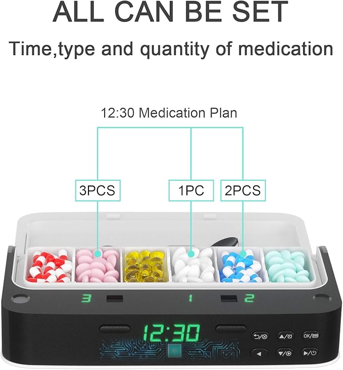 Pill Dispenser,Medicine Organizer,Weekly Pill Organizer with Smart Alarm,Remind to 7 Times a Day,Buzzer,Vibration,LED Light Display,Vitamins,Supplements,Home Pill Reminder