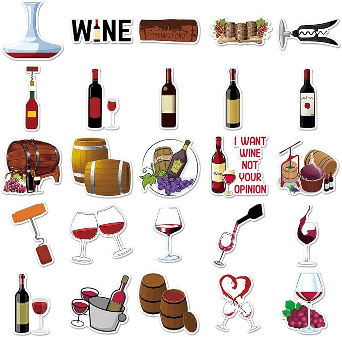50pcs Red Wine Stickers,Cute Wine Label & Glass Pattern Decals, Waterproof & Durable for Notebook, Wine Bottle, Party Decoration