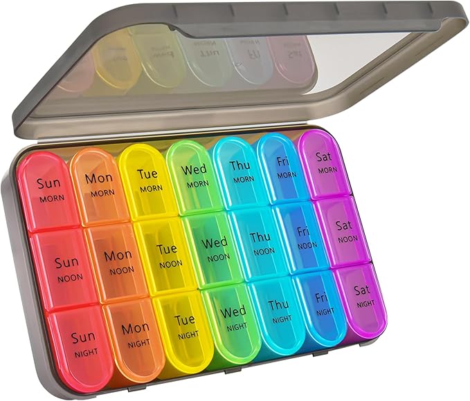 Cruxer Weekly Pill Box Organiser 7 Day 3 Times, Daily Portable Travel Pill Boxes, Medicine Storage Box, Pill Dispenser 7 Day 3 Compartments, Tablet Organiser to Hold Vitamins, Fish Oil, Supplements