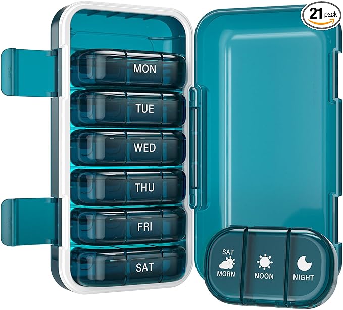 Vikie Weekly Pill Organizer 3 Times a Day with Morn NOON Night Sections, BPA-Free, Portable & Moisture-Proof for Pills, Vitamins, Supplements (3x7 Blue)