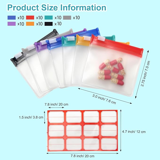 70+2 Pcs Pill Pouch Bags Zippered Pill Pouch Set with 2 Sheets Label, 7 Colors Pill Pouches for Medicine Travel Reusable Small Plastic Pill Bags for Travel/Home Daily use