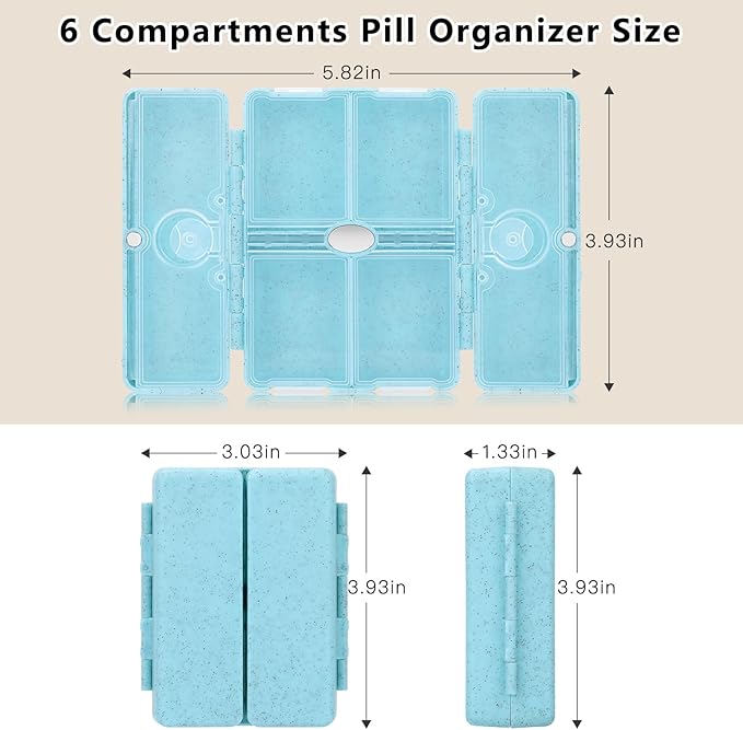 FYY Travel Pill Organizer with Blank Lables,6 Compartments Magnetic Pill Organizer Pill Box for Purse Pocket to Hold Vitamins,Cod Liver Oil,Supplements and Medication-Blue