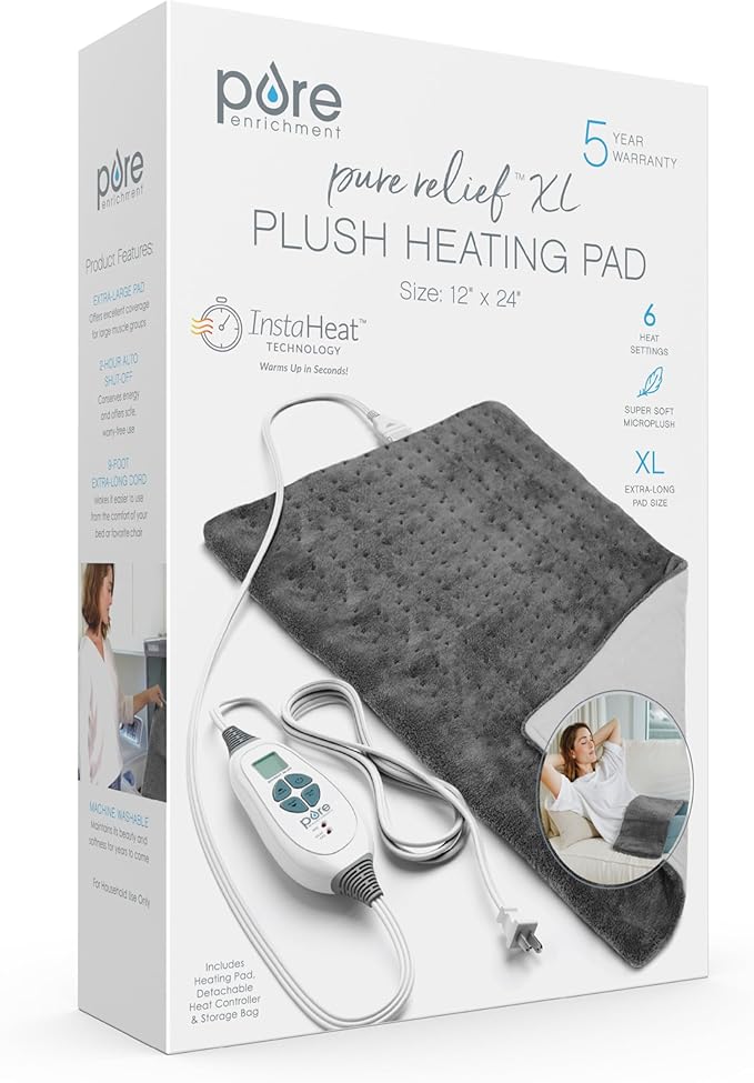 Pure Enrichment® PureRelief® XL Heating Pad - 12" x 24" Electric Heating Pad for Back Pain & Cramps, 6 Heat Settings, Soft Machine Wash Fabric, Auto-Off & Moist Heat (Charcoal Gray)