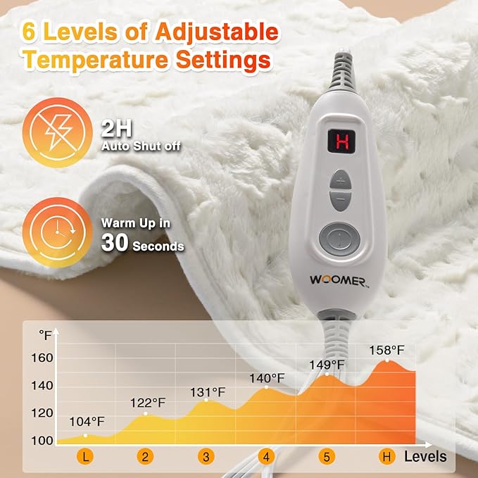 Woomer Faux Fur Electric Heating Pad for Back Pain Relief, Extra Large 20” x 24”, Extended Coverage from Neck to Hip, Two-Sided, Moist Mode, ETL Certified, 6 Adjustable Heats & 2H Auto-Off,White