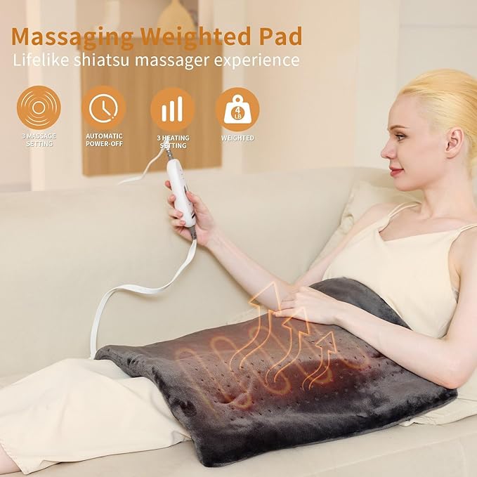 SAROO Heating Pad for Back Pain Relief,Massaging Weighted Heating Pads for Neck, Shoulder,Cramp,Portable Heated Pad with 3 Heat Settings & 6 Massage,18 Relaxing Combinations,Auto Off,12"*24",Dark Grey