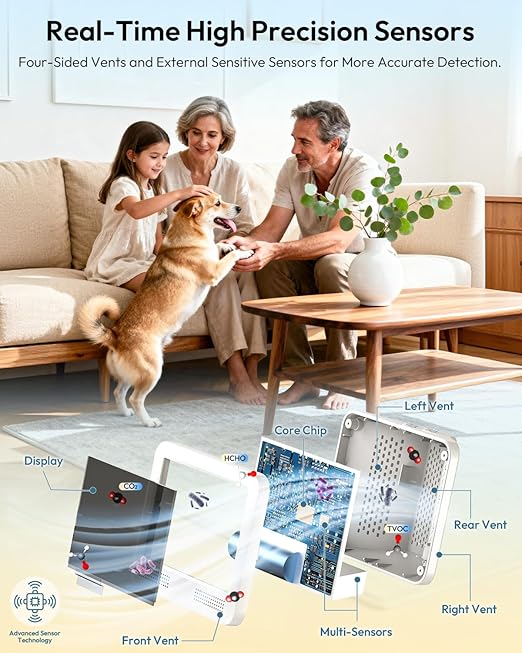 Air Quality Monitor Indoor, 16 in 1 Air Quality Tester for CO2 Monitor, TVOC, PM1.0 PM2.5 PM10, HCHO Temperature Humidity & Time, AQI Monitor with Alerts for Home (PureWhite)