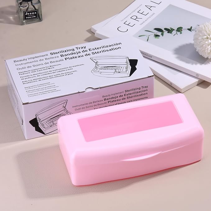 Nail Tool Sterilizer Box Plastic Disinfectant Container for Nail Art Accessories Tools, Sterilizer Soaking Box with Strainer Pedicure Manicure Cleaning Equipment, Pink