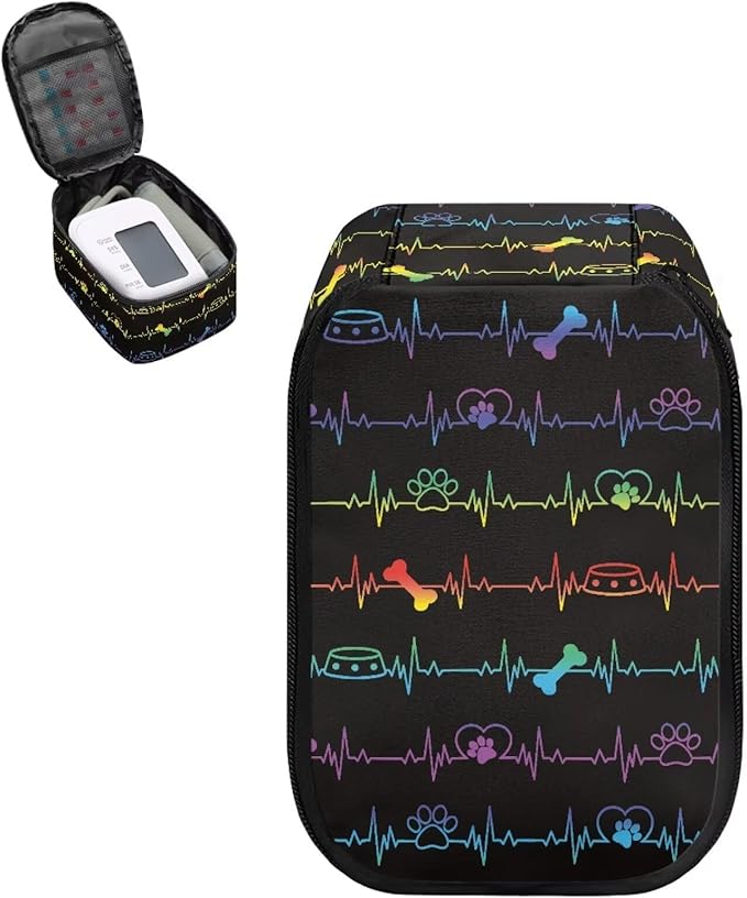 Compact Storage Organizer Bag for Blood Pressure Monitor Heartbeat Print Home Blood Pressure Monitor Case Portable Travel Health Accessories Pouch
