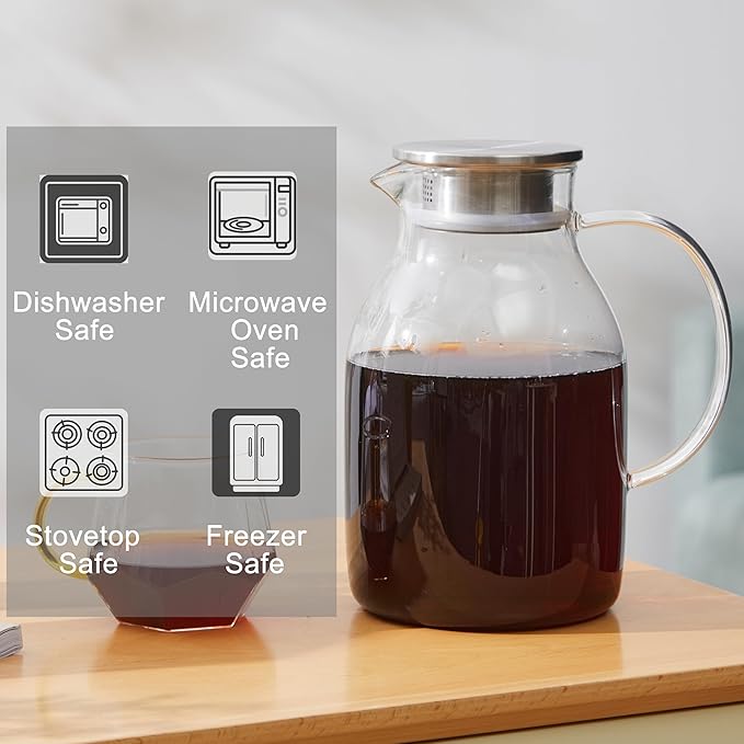 Karafu 68 Oz/2 Liter Glass Pitcher with Lid, Heat Resistant Water Jug for Hot/Cold Water, Ice tea and Juice Beverage