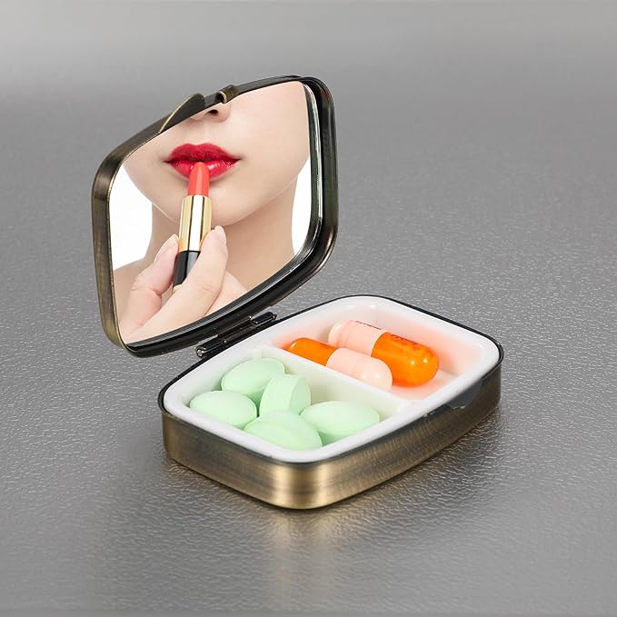 Dynippy Pill Case Pill Box with Mirror Retro Pocket 2 Compartment Medicine Case Vitamin Pill Organizer for Pocket Purse and Travel (A-Tropical Beach Wreath)