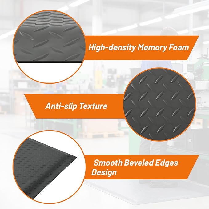 Nisorpa Anti Fatigue Mats Industrial 2' x 6' Ergonomic Standing Mat 15/16" Extra Thick Cushioned Shop Floor Mats Kitchen Mats Heavy Duty Commercial Diamond Plate Support for Leg & Back Pain, Grey
