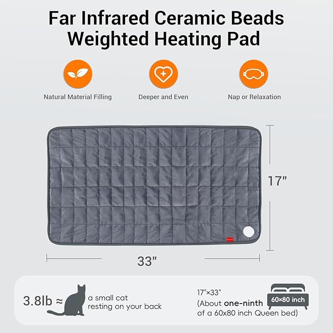 Comfytemp Far Infrared Large Heating Pad 17"×33" for Deeper Back & Period Relaxation, FSA Eligible Weighted Electric Heat Pad with Evenly Filling Ceramic Bead for Better Fit, HSA King Size Heated Pad
