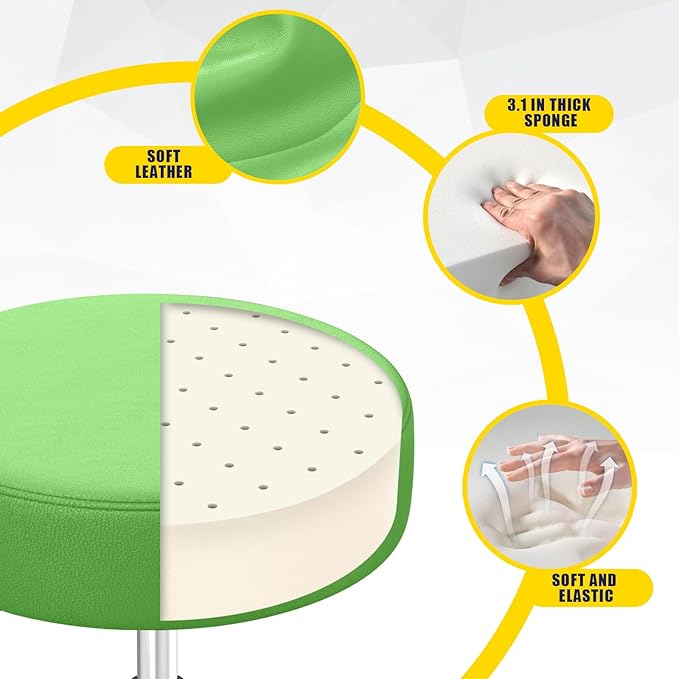 Rolling Stool, Heavy Weight Capacity 250lb, PU Leather Rolling stools, Ultra Soft Padded Seat, Rolling Stools with Wheels and Footrest, 360° Swivel, Spa Drawing Salon Work Office Tattoo Stool (Green)