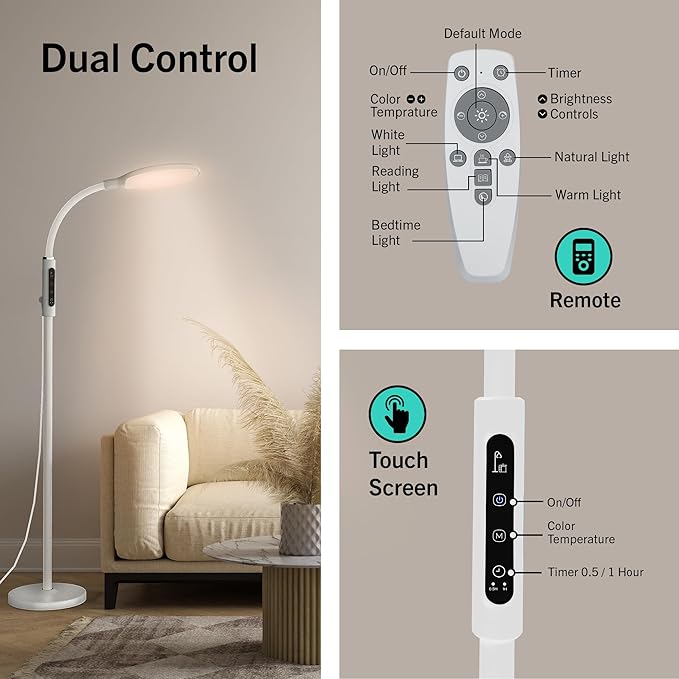 PRIMETEK Light Lamp, Dual Control with Remote & Touch Screen, 10000LUX, Adjustable Neck, Multi-Purpose, Portable, LED Light Technology, 5 Color Temperatures & 10 Brightness Levels, UV-Free