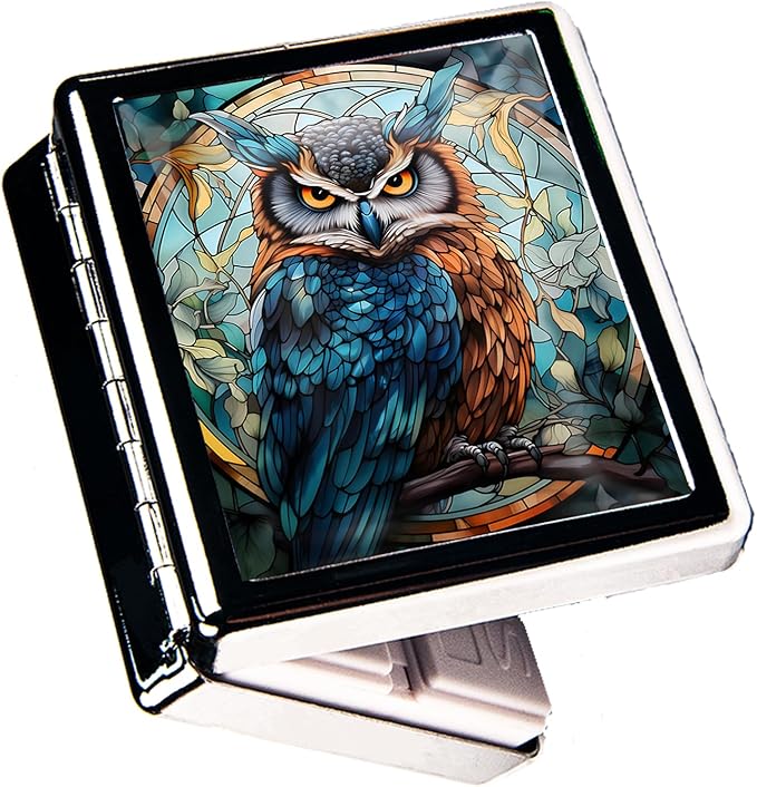 Travel Pill Organizer Small Pill Case for Purse Essentials 7 Days cute pill box with Mirror Portable Pill Box for Pocket or Purse Pill Containe Travel Gifts (Fantasy Colorful Owl)