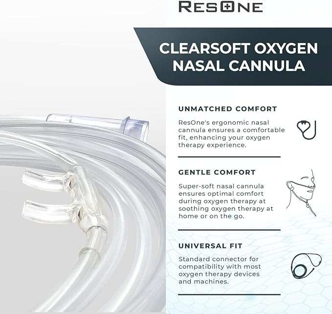 ResOne 2Ft Soft Adult Oxygen Nasal Cannula 1-Pack - Curved Prongs, Crush-Resistant Tubing - Nasal Tubes, Oxygen Concentrator Supplies - Soft Curved Nose Piece, Standard Size, Standard Flow 6 LPM