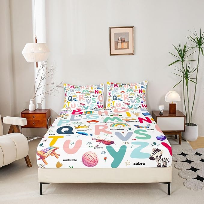 Cartoon Alphabet Bed Sheet Set Queen, ABC Alphabet Fitted Sheet for Kids Cute Educational Alphabet Bedding Set Learning Educational Bed Cover with 2 Pillow Case (No Flat Sheet)