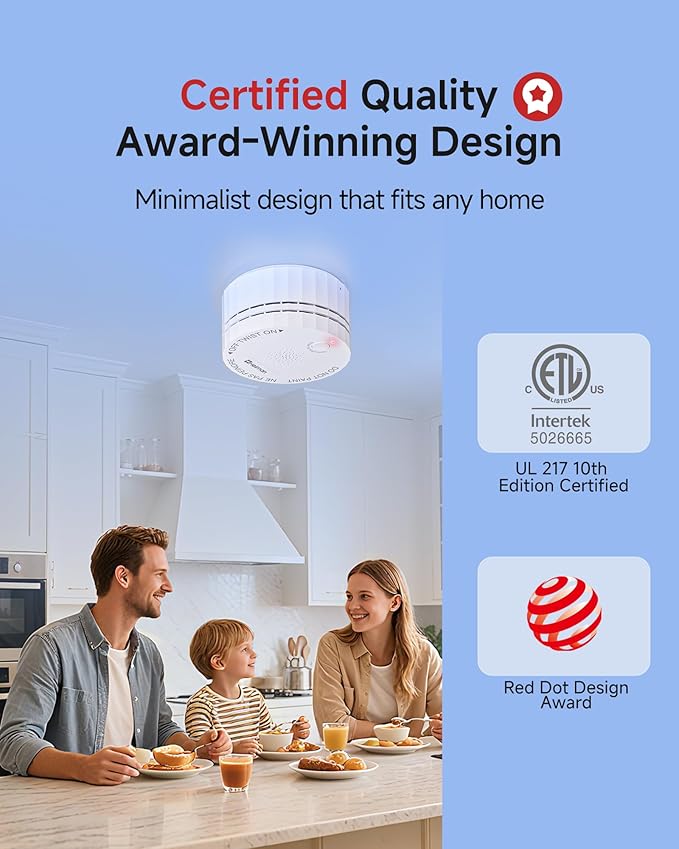 Heiman Smoke Detector, 10-Year Battery Operated Smoke Alarms, Photoelectric Fire Detectors for Home, UL 217 10th Ed. Certified, Portable Small Compact, Test Silence Button, RV, Travel, 6 Pack