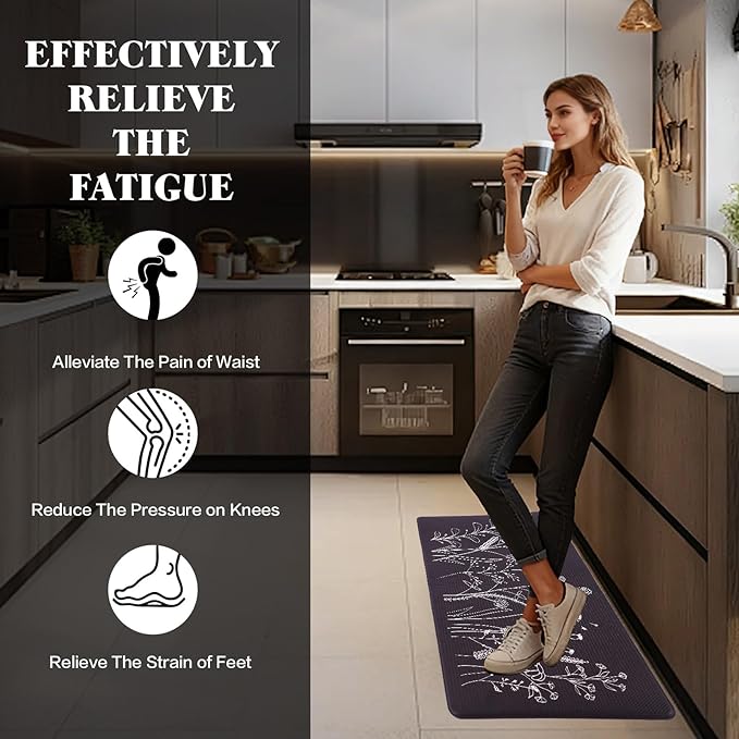 Mirok Washable Anti Fatigue Mat for Cushioned Floor Mats,Floral Plants Non-Skid Ergonomic Comfort Foam Rugs,Non Slip Kitchen Rug(Flowers/Grass,17"x29")