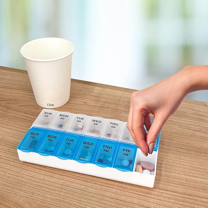 Amazon Basic Care (7-Day) AM/PM Pill Organizer, Vitamin Case, And Medicine Box, Large Compartments, 2 Times a Day, Blue and Clear Lids