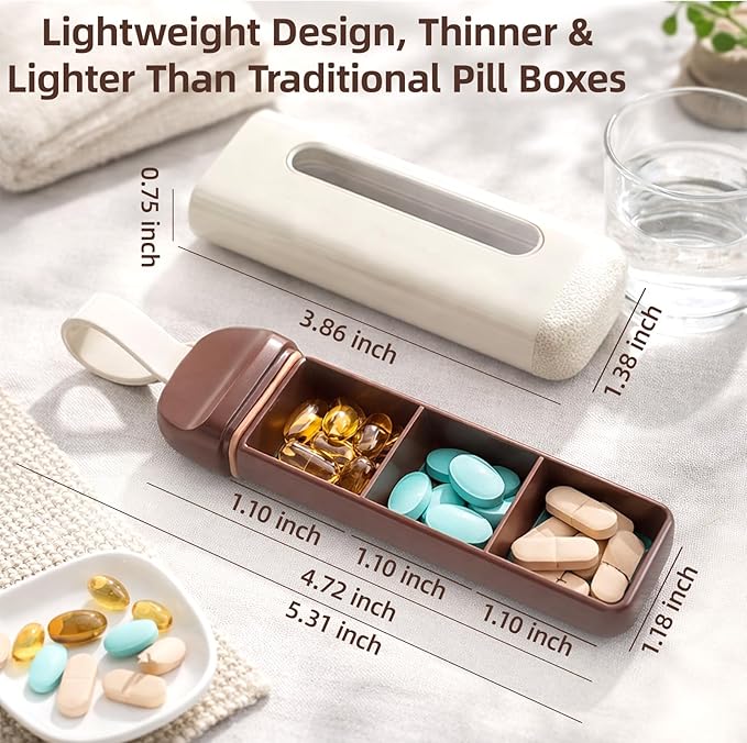 Mini Travel Pill Case 3 Compartment, Airtight Food Grade ABS Pill Organizer, Portable Daily Pill Box for Morning Noon Evening Medication Storage (White)