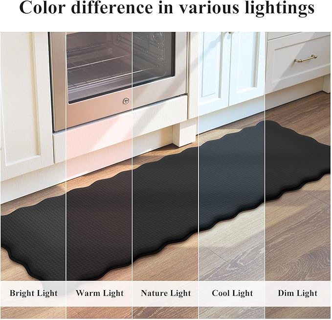 KIMODE Scalloped Kitchen Mats for Floor Cushioned Anti Fatigue,Wavy Kitchen Sink Rugs Sets of 2 Non Slip,Comfort Memory Foam Kitchen Floor Mat Carpet for Office Laundry,Black