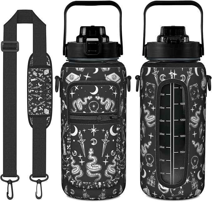Goth Moon Half Gallon Water Bottle with Sleeve 64 OZ - Flip Top Bpa Free - Motivational Time Marker Leakproof Water Jug - Unique Witchy Goth Gifts - Halloween Spooky for Gifts