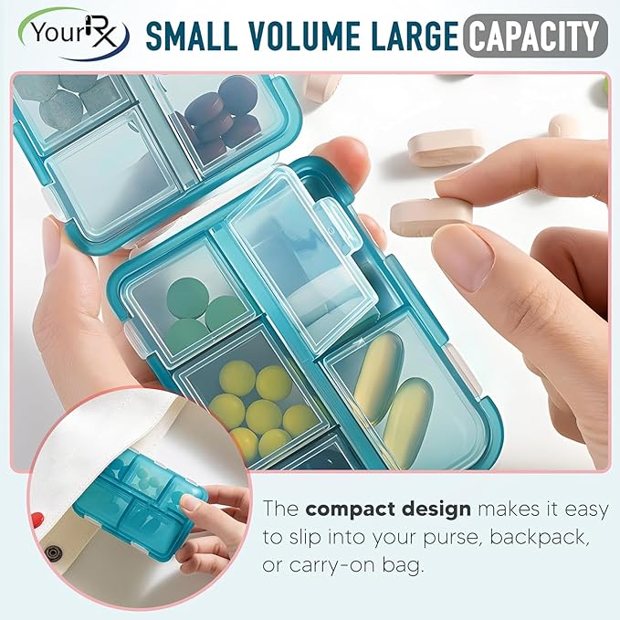 Travel Pill Box – Travel Pill Organizer – Compact Portable Pill Case with 10 Compartments – Pill Case for Purse, Pocket – Durable Daily Pill Organizer for Vitamins, Supplements (Peacock)