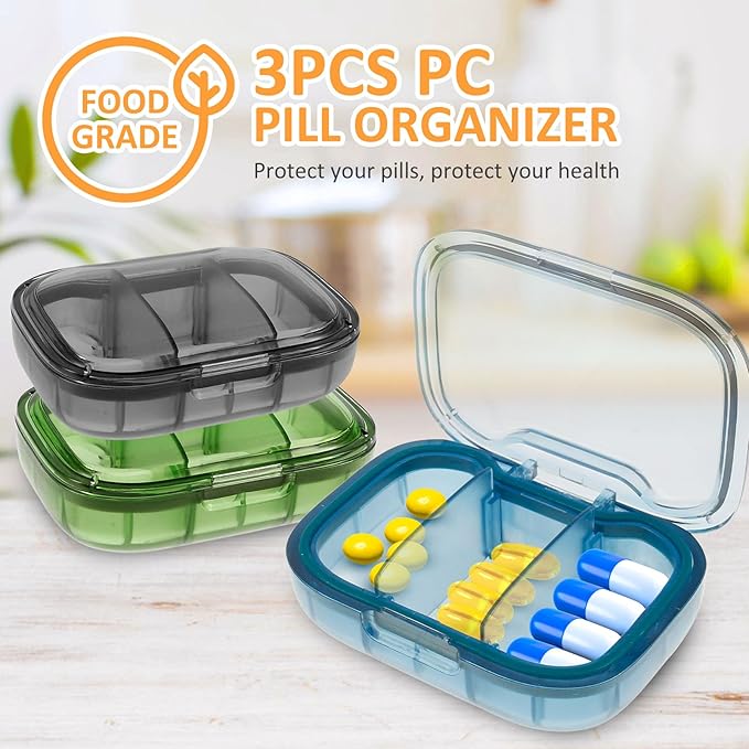 3 Compartment Pill Organizer Moisture Proof Pill Case with Silicone Sealing Strip Fit 2-4 Days Travel Portable Travel Container Daily Pill Organizer for Vitamins Supplement (3PCS)