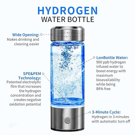 SHINKAI Hydrogen Water Bottle 450ml Portable Hydrogen Ionizer with SPE/PEM Technology, Rechargeable Hydrogen Rich Water Generator for Home, Office, Travel & Gym (Silver)