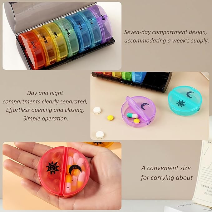 EKIND 7-Day AM PM Pill Organizer 14-Compartment Travel Medication Dispenser Moisture-Resistant Removable Daily Cases with Secure Snap Lids Black with Rainbow Tabs ﻿