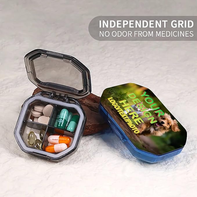 Customizable Portable 4-Compartment Pillbox, Printed with Your Photo, Text, and Logo. It can be Placed in Your Pocket or Wallet to Store Vitamins, Medicines/Health Supplements/Other medications.