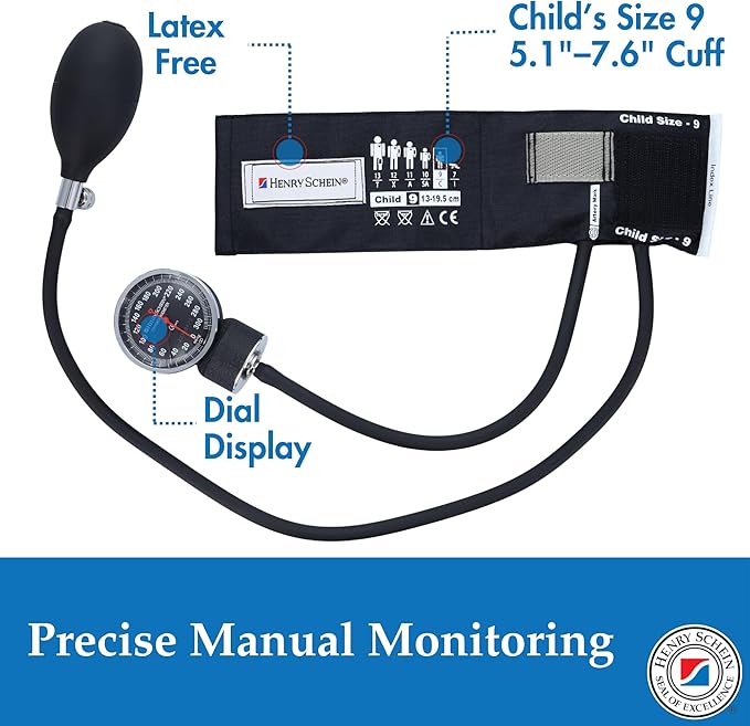 Henry Schein Prosphyg Aneroid Sphygmomanometer – Size 9 (5.1"–7.6") Black Cuff, Manual Blood Pressure Monitor, Reusable, Dial Display, Latex-Free, Includes Leatherette Carrying Case – 1 Each