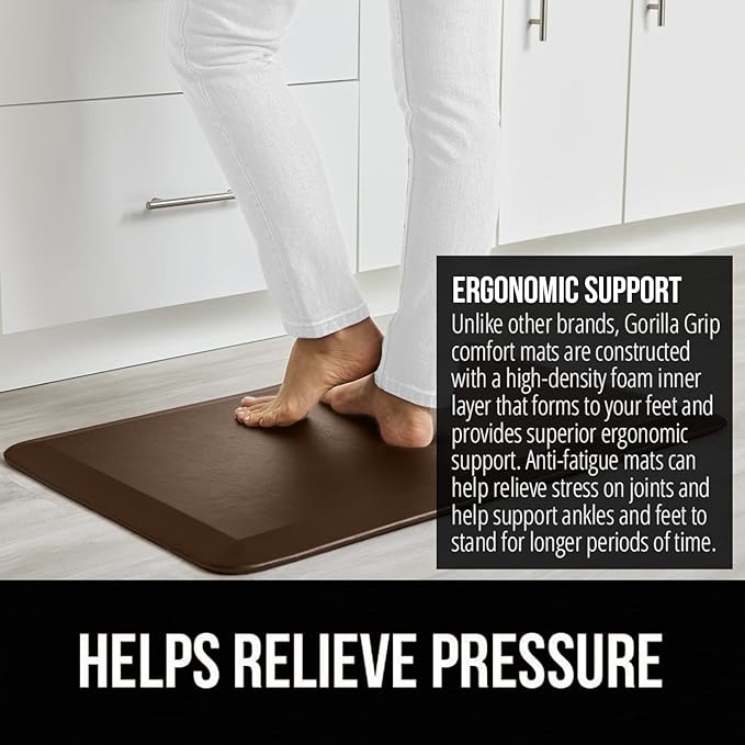 GORILLA GRIP Comfortable Cushioned Kitchen Mats for Floor, 58x20, Waterproof and Stain Resistant Soft Top, 3/4 Inch Thick Ergonomic Standing Desk Anti Fatigue Mat, Foam Supports Ankles and Feet, Brown