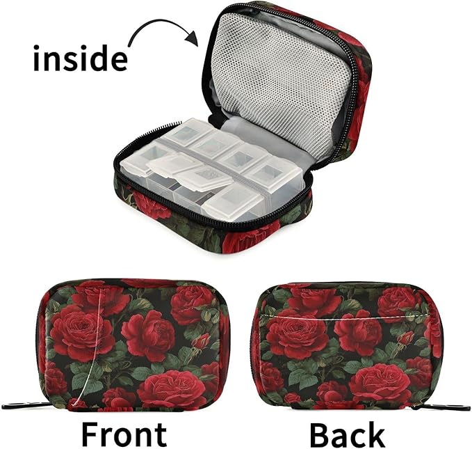 Pfrewn Pill Organizer Case Retro Red Rose Travel Pill Box with Zipper 7 Day Portable Small Weekly Vitamin Medicine Supplement Holder Pouch Bag for Women Men