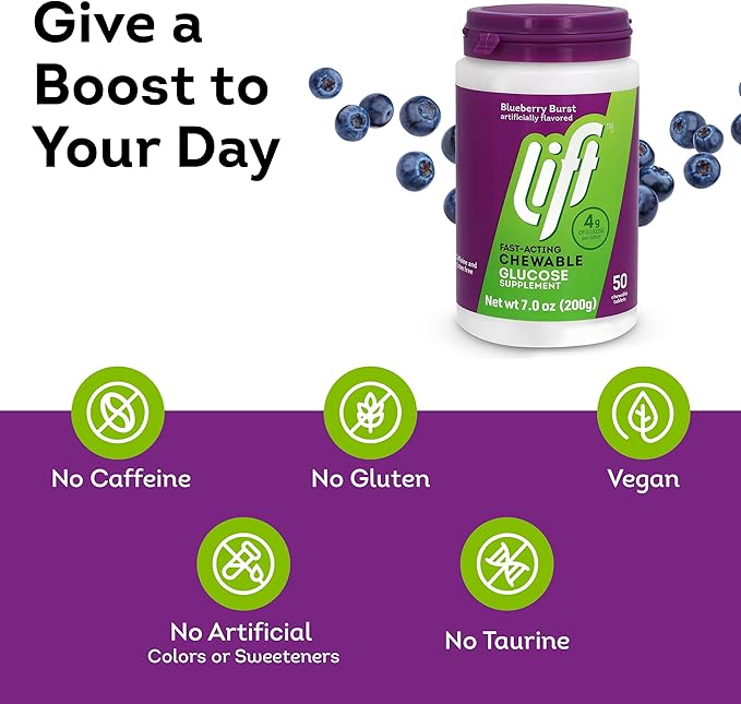 Lift Glucose | Fast-Acting Glucose Chewable Energy Tablets | Blueberry | 50 ct Jar (Pack of 6)