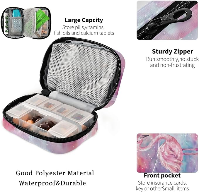 Fustylead Pink Flamingo Standing on in Water Unicorn World Pill Organizer and Storage Weekly with Zipper, Removable Pill Box Portable Medicine Organizer for Vitamin Fish Oil Supplement
