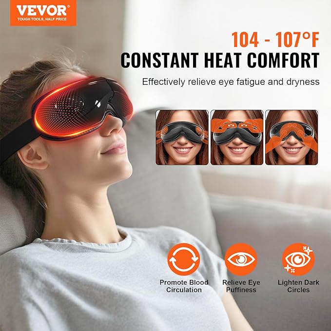 VEVOR Heated Eye Massager - 5 Modes, Bluetooth Music, Foldable, Ideal Gift for Parents, Black