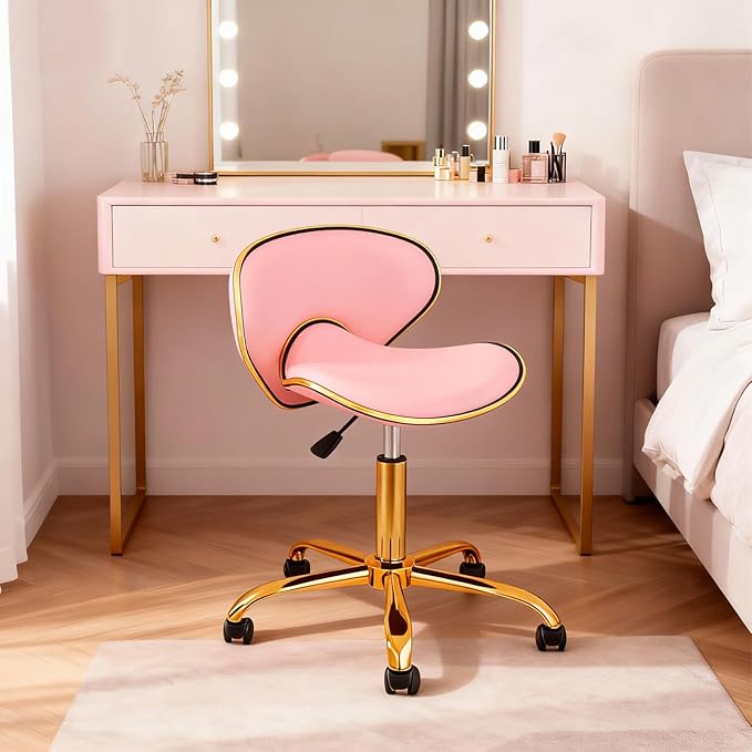 Rolling Stool with Back Support, Salon Stool with Wheels for Spa, Cute Swivel Chair for Lash, Nail Tech and Hair Stylist, Height Adjustable Chair for Massage Beauty Makeup-Pink