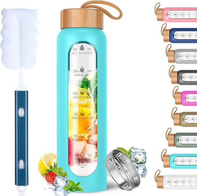 Aqulea Glass Water Bottles 32 Oz with Silicone Sleeve - BPA Free Reusable Wide Mouth Glass Motivational Water Bottles with Fruit Infuser – Leak Proof Borosilicate Water Bottle with Time Marker (Teal)